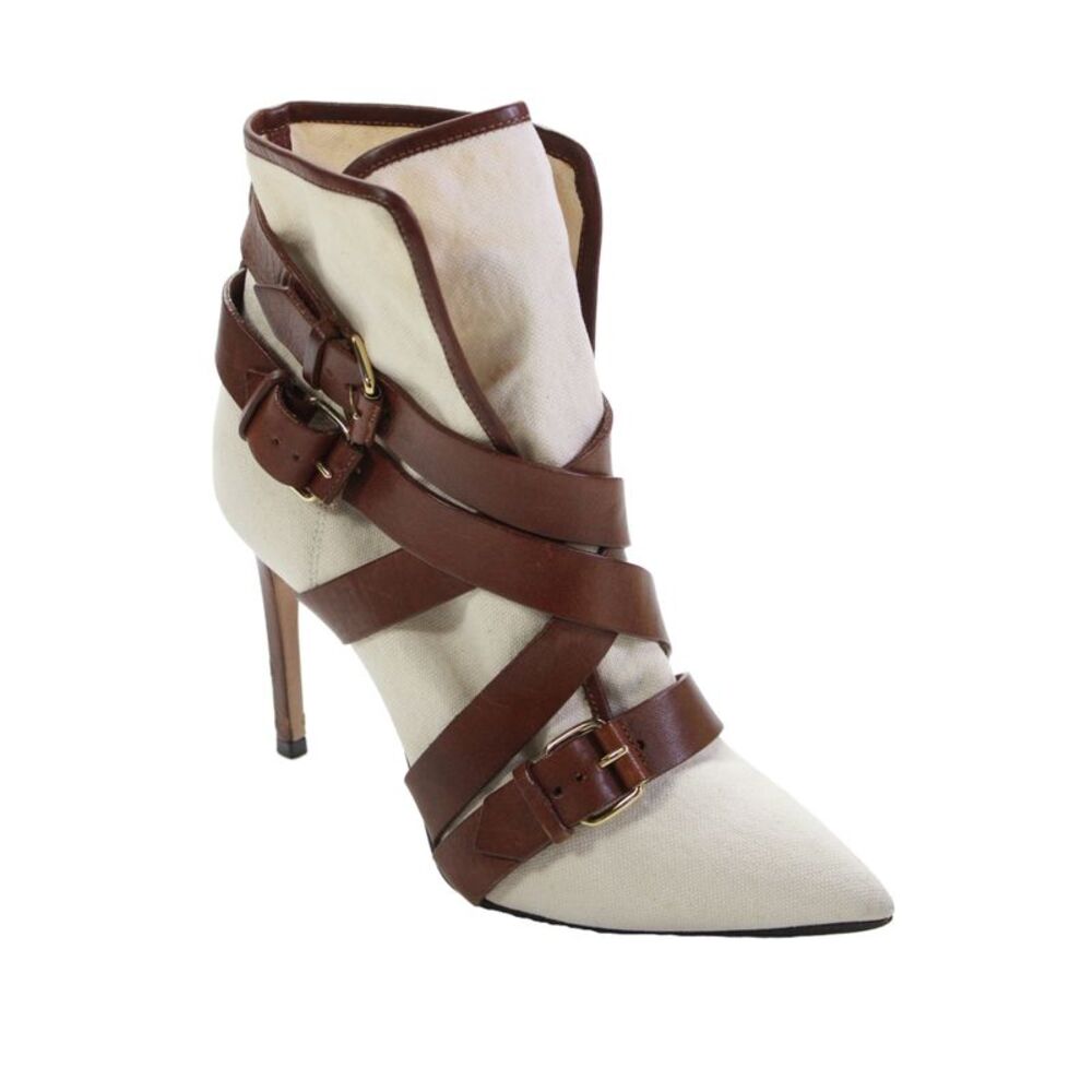 Balmain Womens Canvas Buckled Ankle Strap Ankle Boots Cream Size 7.5